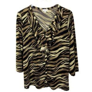 Nine West Brown Zebra Print Long Sleeve Blouse Top Size XXL